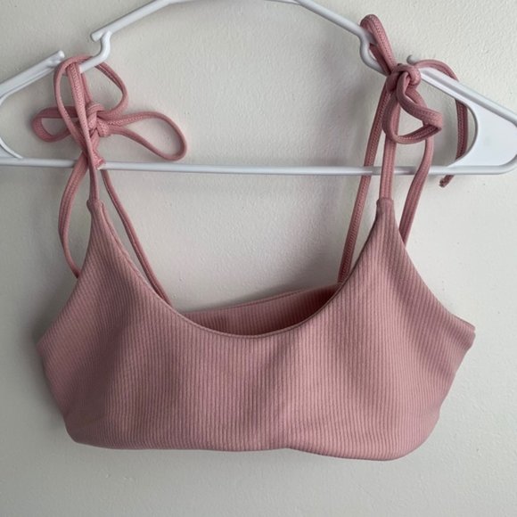 ZAFUL Light Pink Tie Shoulders Ribbed Bikini - Picture 4 of 7